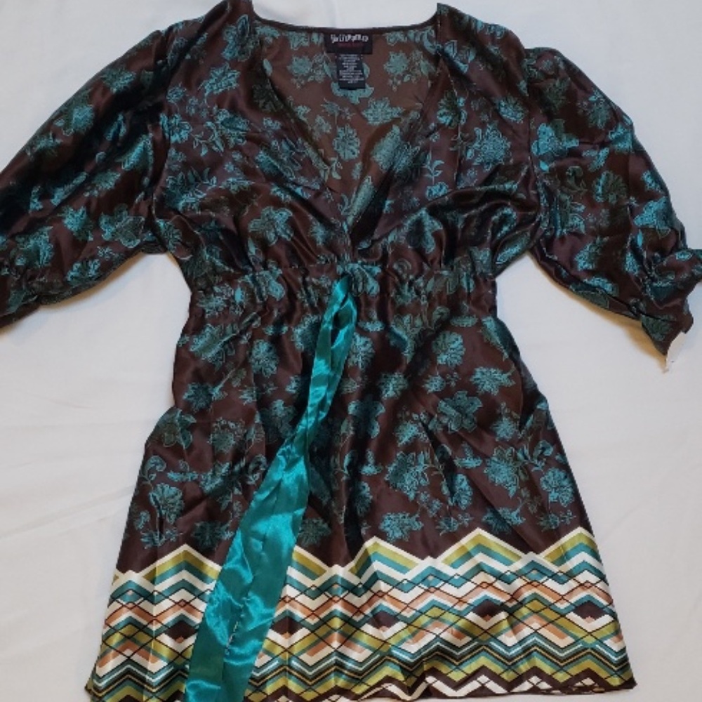 Hot Tempered Mini Dress, Chocolate w/ Aqua pattern, Sz Large  NWT